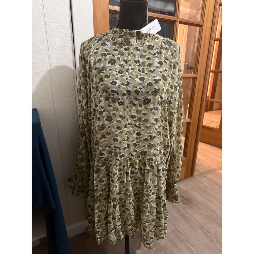 Reverof Olive Green Floral Tiered Babydoll Dress Long Sleeve Ruffle Neck Small